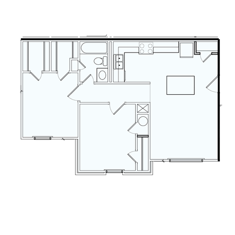 Floor plan for 2 beds, 1 bath, 777 sqft